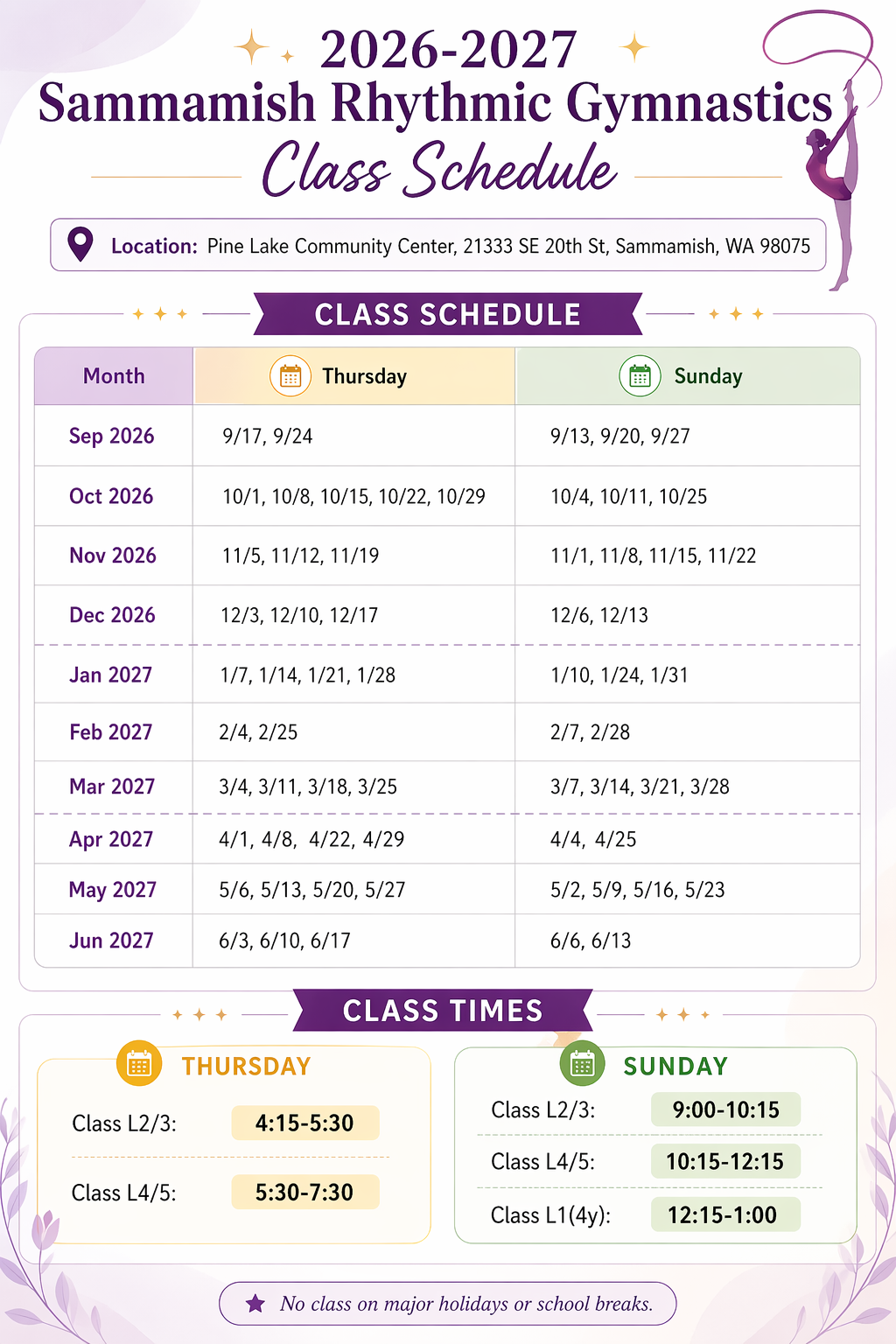 2026–2027 Sammamish Rhythmic Gymnastics Class Schedule